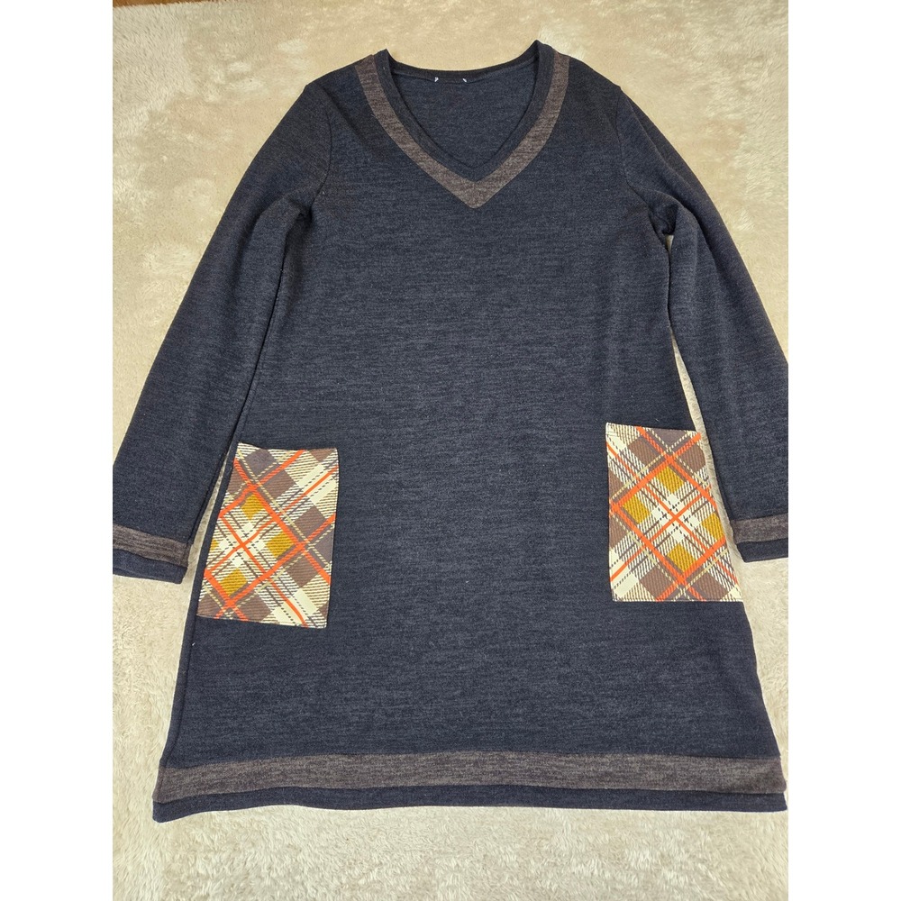 Charcoal Grey Knit V-Neck Tunic Top Plaid Pockets Long Sleeve XL Made in USA